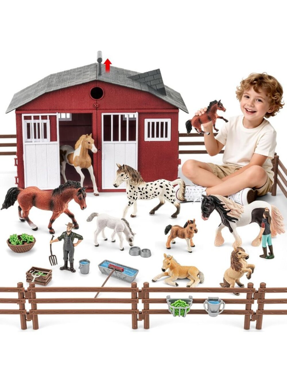 47PCS Solid Horse Toy Set with Handle, Farm Animal Barn Playset for Kids